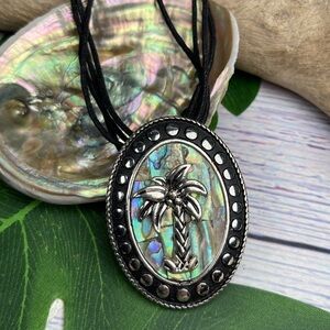 NEW! Paua Abalone Shell Inlay w Palm Tree Statement Necklace Adjustable